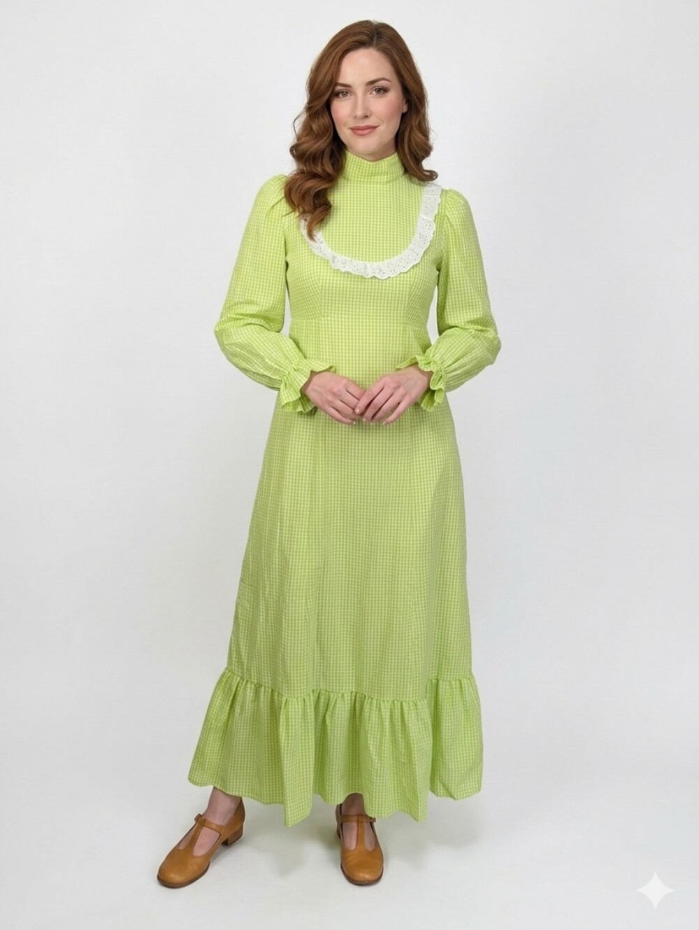 HOMEMADE Green Gingham Maxi Dress with Lace Detail VINTAGE